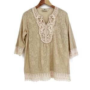 King Ranch Boho Chic Lace Trim Cotton Jacquard Blouse Cream size Large